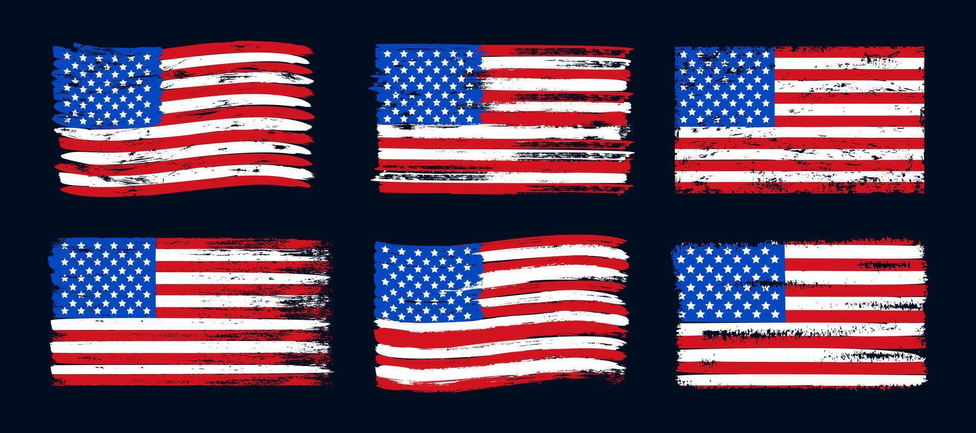 Grunge American flag. Graphic USA flags with stars and stripes and vintage texture. Holiday United States national flag in red, white, and blue color print. Culture symbols. Vector set