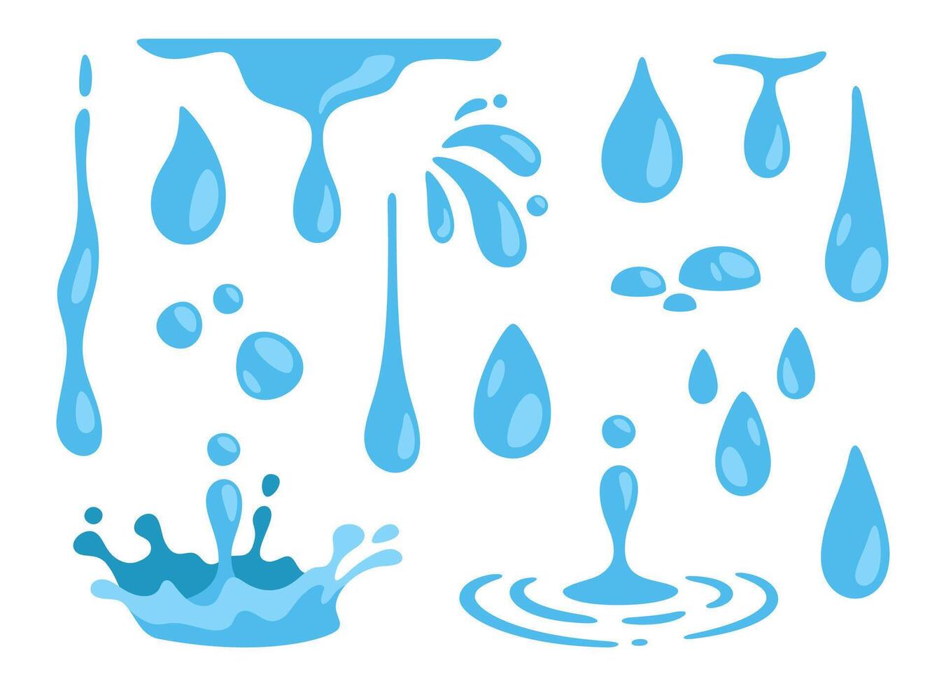 Water drops. Abstract nature blue falling pure drop. Raindrops. Watering motion shape water. Puddle, dropping splash, liquid flow. Juice and drinks. Vector collection