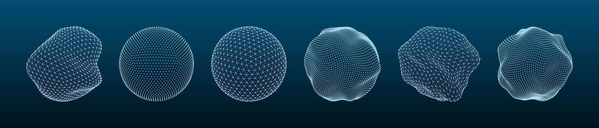 3D shapes mesh. Dotted sphere, line grid globe, stone asteroid wire structure. Polygonal abstract shapes for modern futuristic concept, HUD vector elements