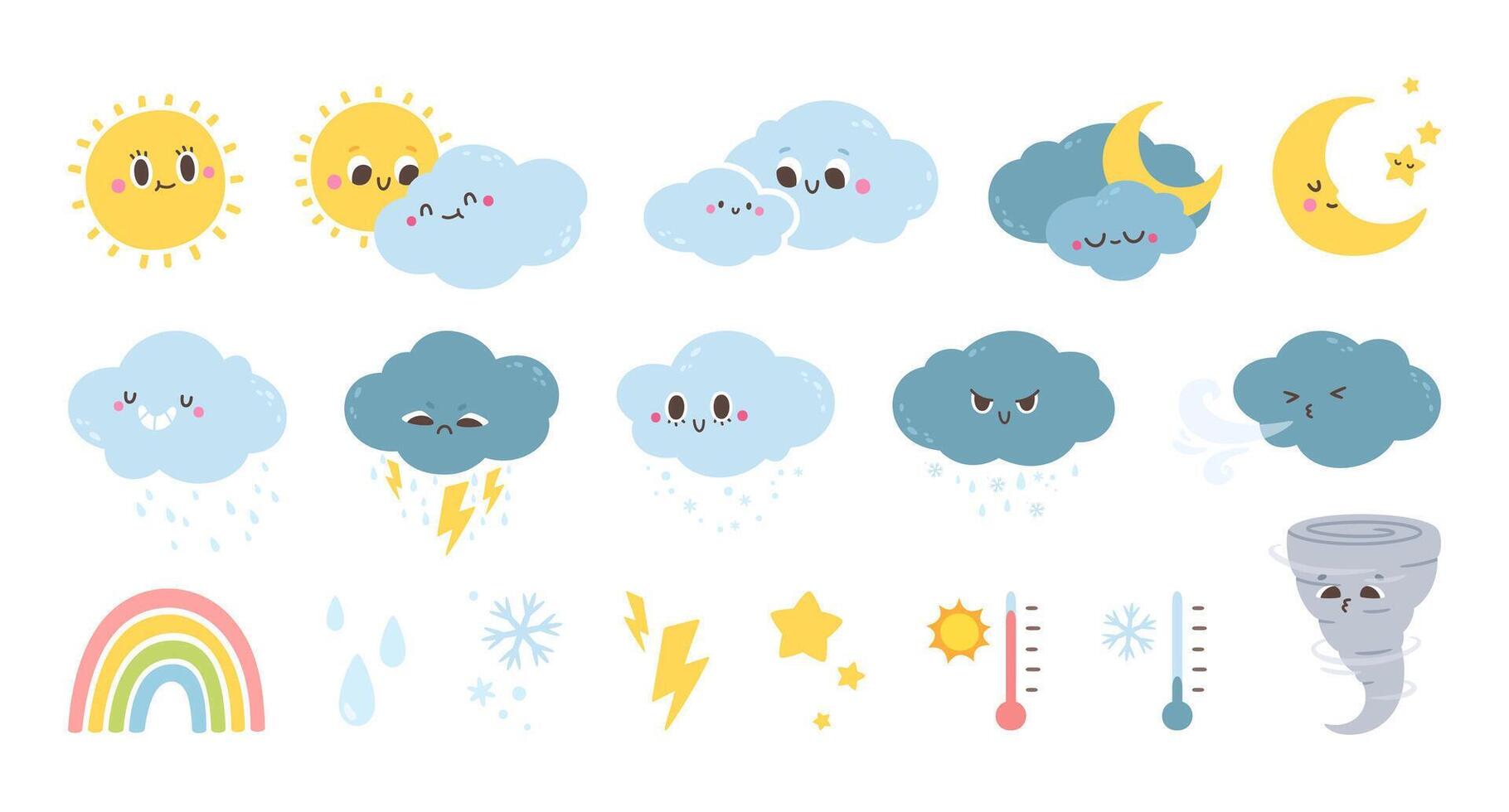 Weather forecast characters. Cute cartoon summer and winter signs, funny spring and fall icons. Night and day symbols, sun and moon. Vector collection