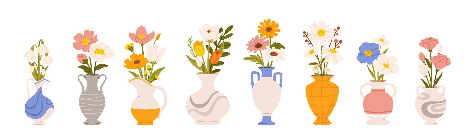 Flowers in vases. Cartoon flower bouquet in ceramic vase and glass bottle. Natural plants and decor in interiors. Celebrating flowering bouquet. Vector collection