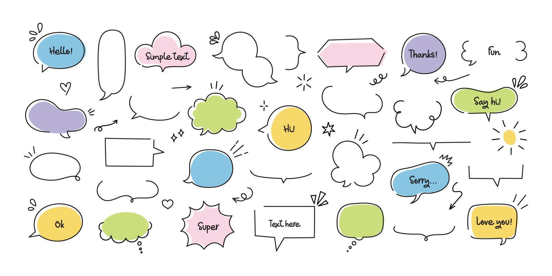 Speech balloon frame. Simple sketch bubble sketch for text. Line doodle decorative quotes cloud and frame. Comic badge box elements and decoration. Vector collection
