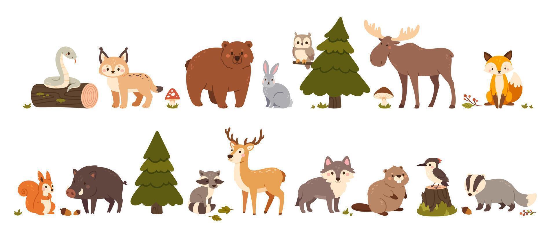 Cute woodland animals. Forest beasts bear, hare and fox, elk and squirrel, wild boar and deer, wolf and snake, badger and raccoon, beaver. Vector set