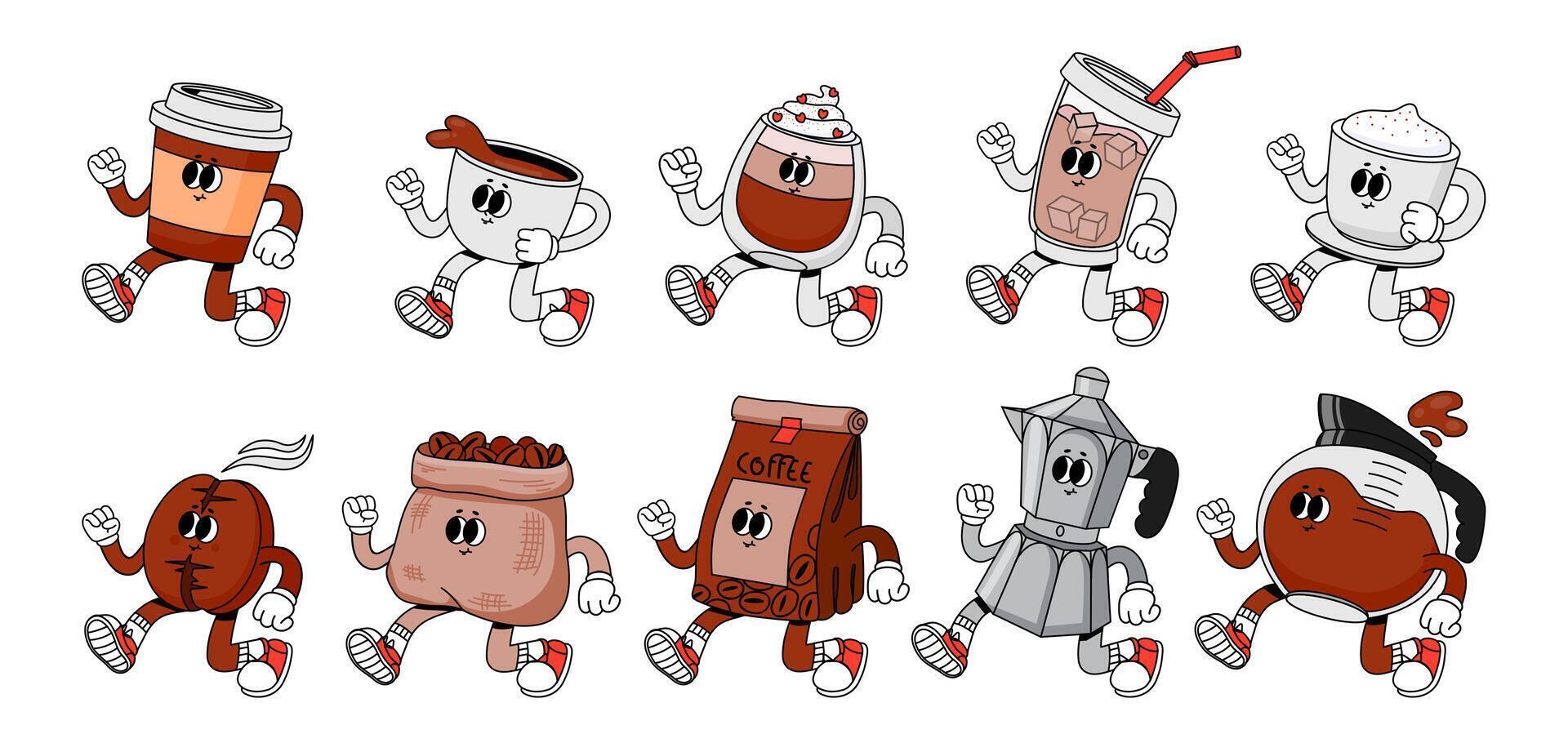 Coffee character. Vintage cute cups with drink for breakfast. Cartoon walking mug beverage and beans for coffee shops, cafe, cafeteria. Mascot caffeine espresso maker. Vector set