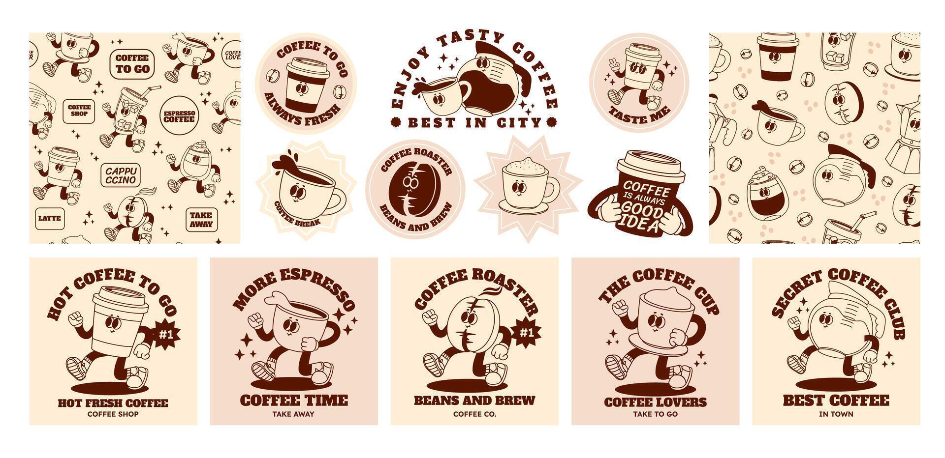 Retro coffee character. Cartoon bar and cafe drinks. Abstract funny espresso sticker, poster with 70s cappuccino cup, trendy seamless pattern with coffee beans. Vector set