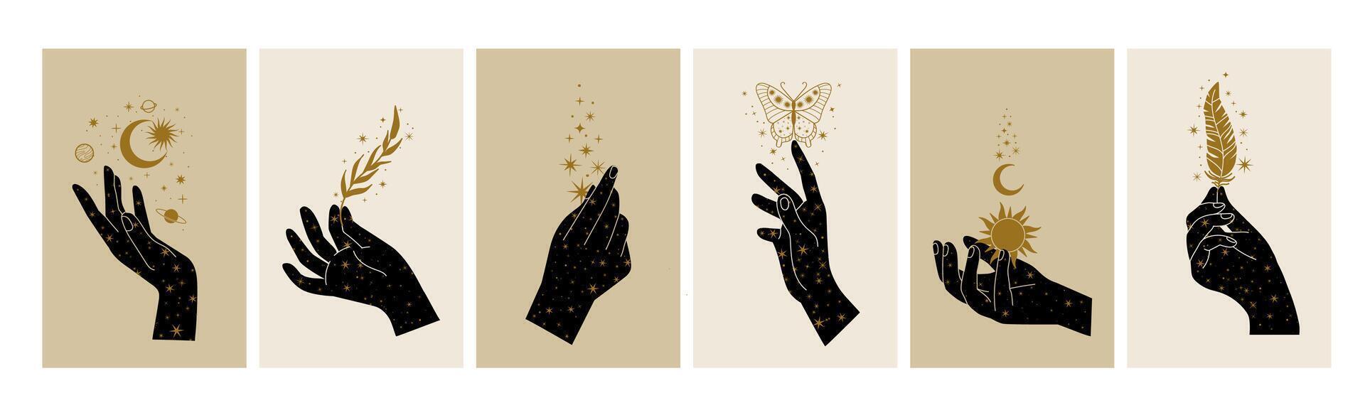 Mystical woman hands. Boho style esoteric and spiritual symbol. Doodle tattoo girl hand with stars. Alchemy objects, sun, moon, butterfly, floral branch. Vector set