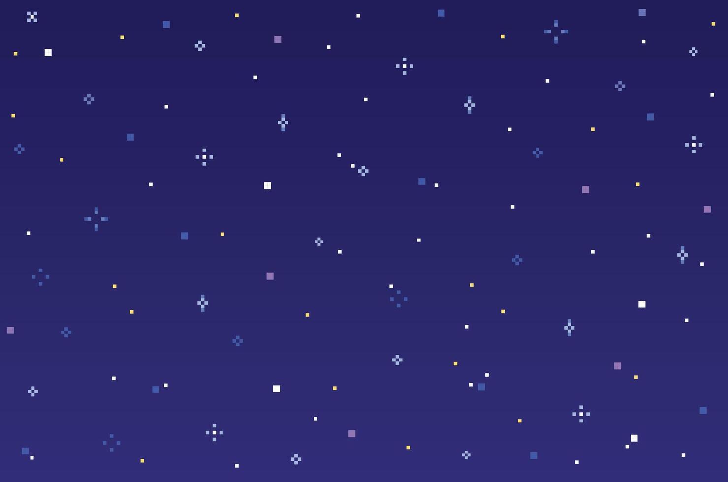Pixel art night sky. Retro 8-bit game evening background with stars. Flat halftone pattern for mobile interface game. Blue colors on backdrop. Vector illustration