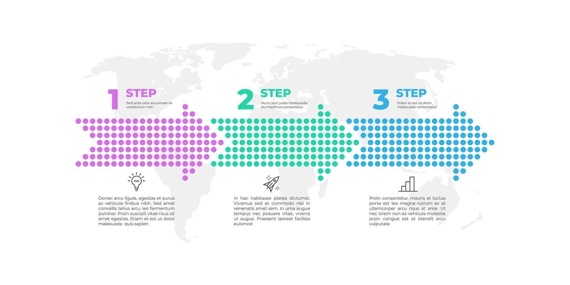 Arrow infographic. Three steps options infographics template with halftone color arrows and world map. Idea light bulb, startup and diagram icons for business vector layout