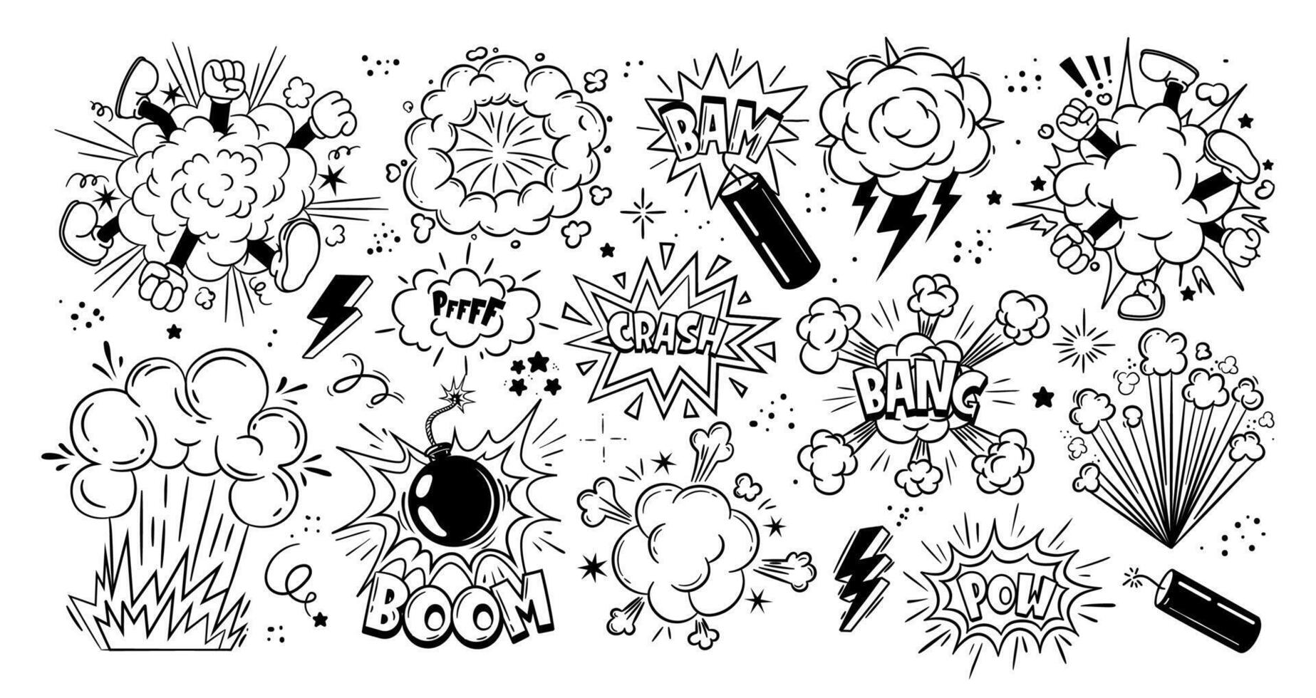 Comic bomb explosion. Cartoon brawl cloud with feet and legs. Speech explode bubbles, circle burst with bam, pow, boom, crash and bang for comic books. Vector set