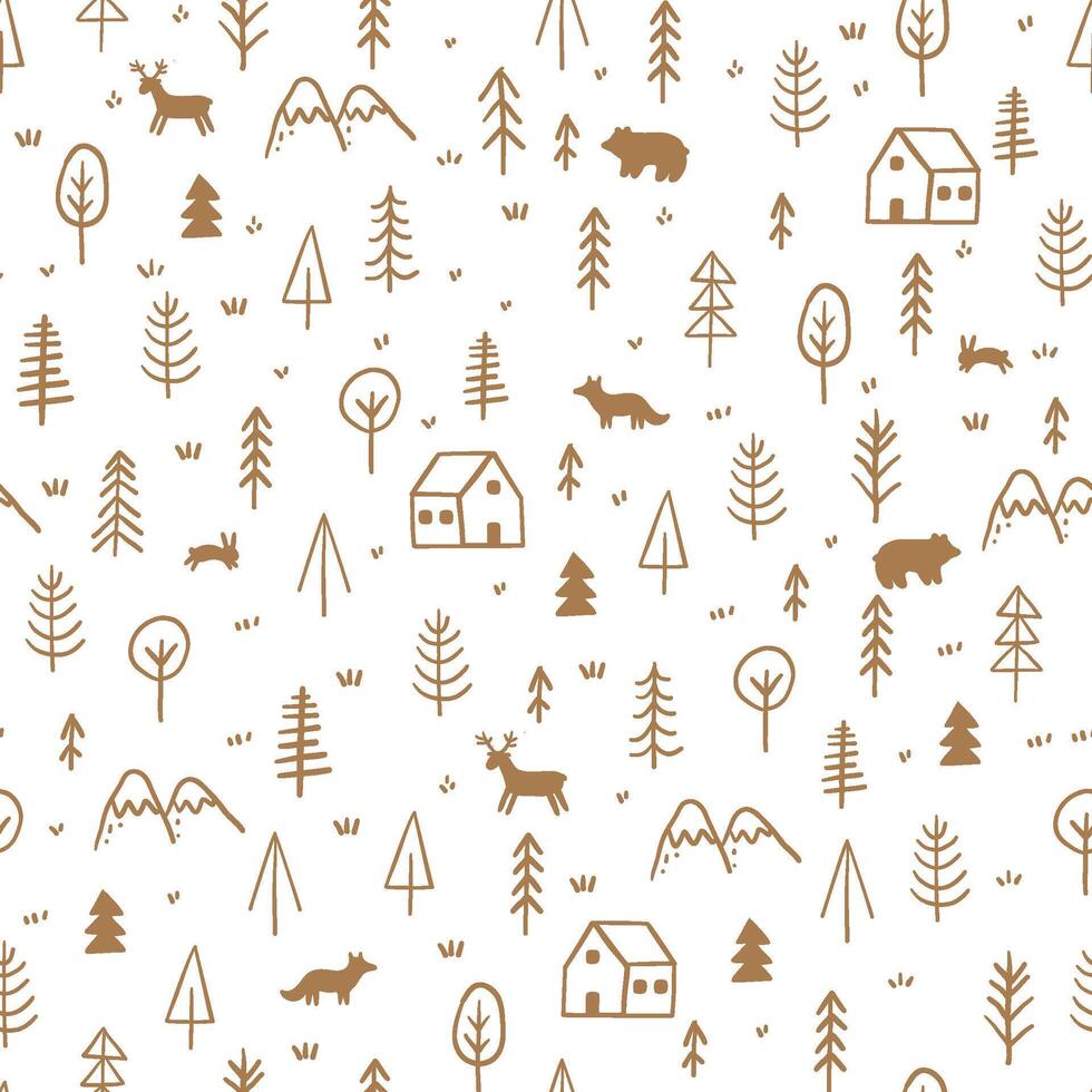 Hand drawn forest pattern. Seamless pattern with winter trees and wood houses, mountain, animals. Doodle print for wrapping paper with pine, christmas tree. Vector background