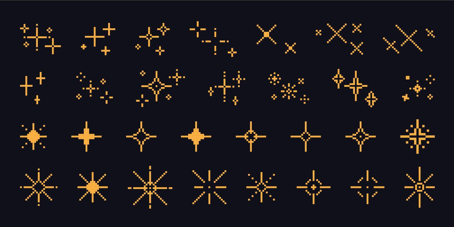 Pixel art stars. Comic 8-bit game space light. Retro decorative night pixelated sparkling elements. Yellow and gold star and glitter for mobile games. Vector set