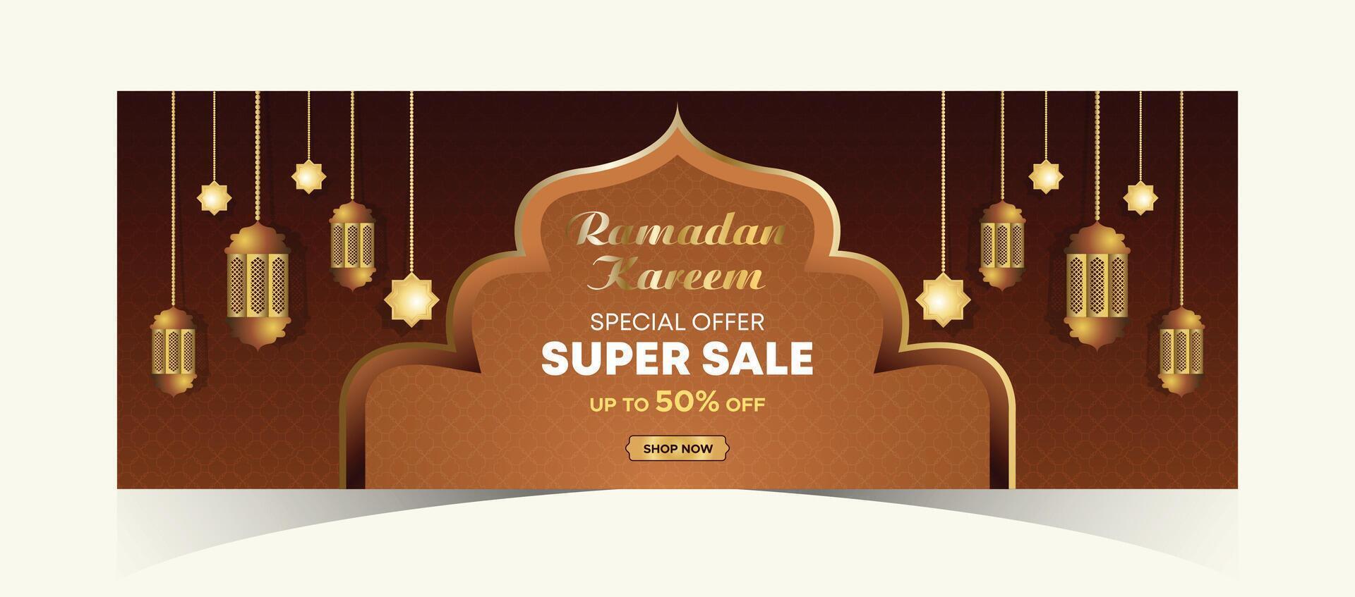 Ramadan Kareem Web Background Super Sale Banner with Podium for Display of product. Ramadan Mega Big Sale Promotion Poster and Social Media Post. Islamic Special Offer Promotion Banner Design Template vector