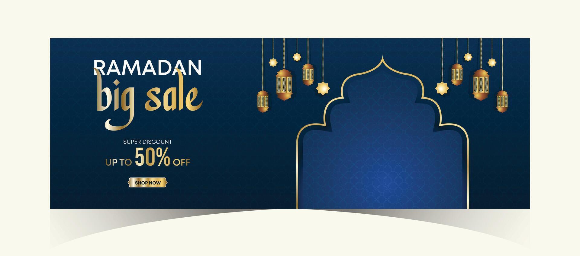 Ramadán kareem web antecedentes súper rebaja bandera con podio para monitor de producto. Ramadán mega grande rebaja promoción póster y social medios de comunicación correo. islámico especial oferta promoción bandera diseño modelo vector