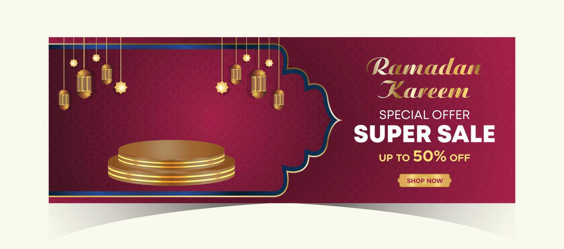 Ramadan Kareem Web Background Super Sale Banner with Podium for Display of product. Ramadan Mega Big Sale Promotion Poster and Social Media Post. Islamic Special Offer Promotion Banner Design Template vector