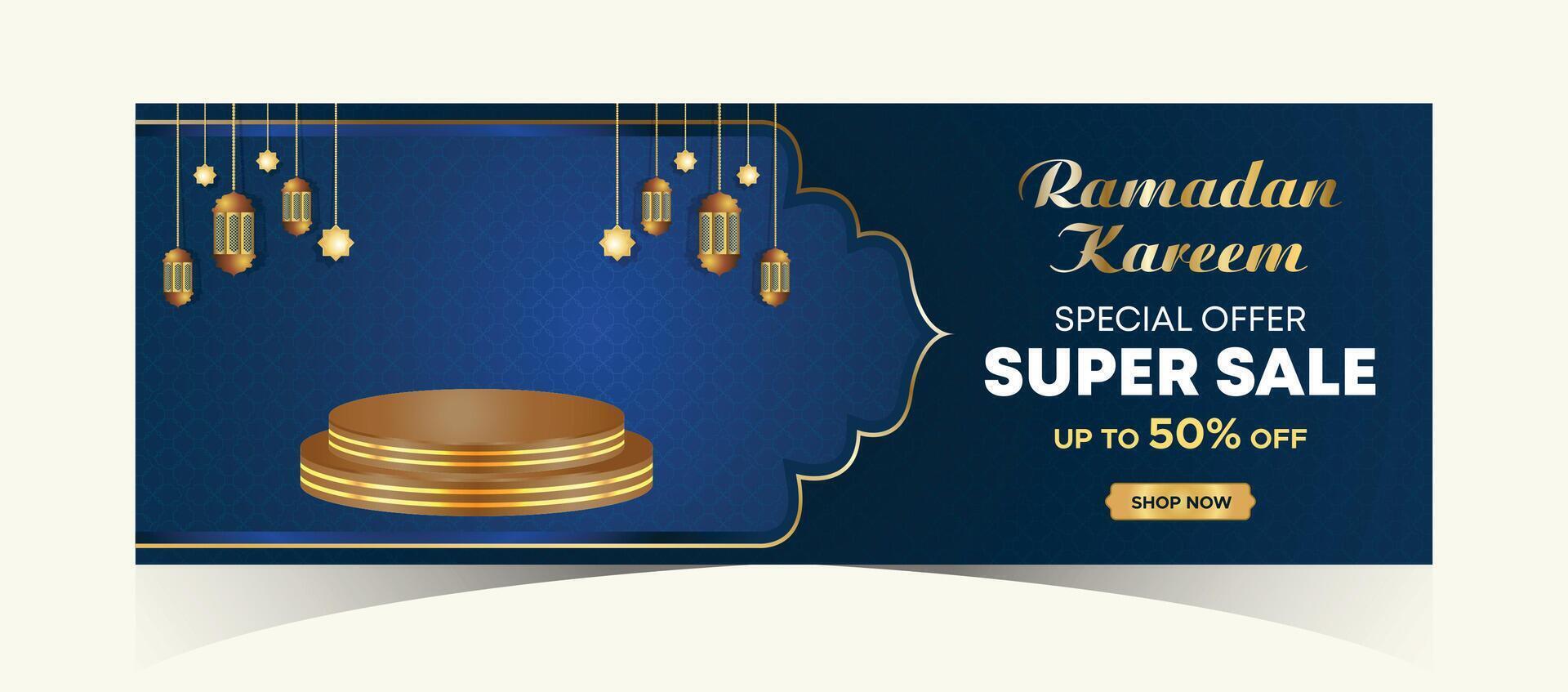 Ramadan Kareem Web Background Super Sale Banner with Podium for Display of product. Ramadan Mega Big Sale Promotion Poster and Social Media Post. Islamic Special Offer Promotion Banner Design Template vector
