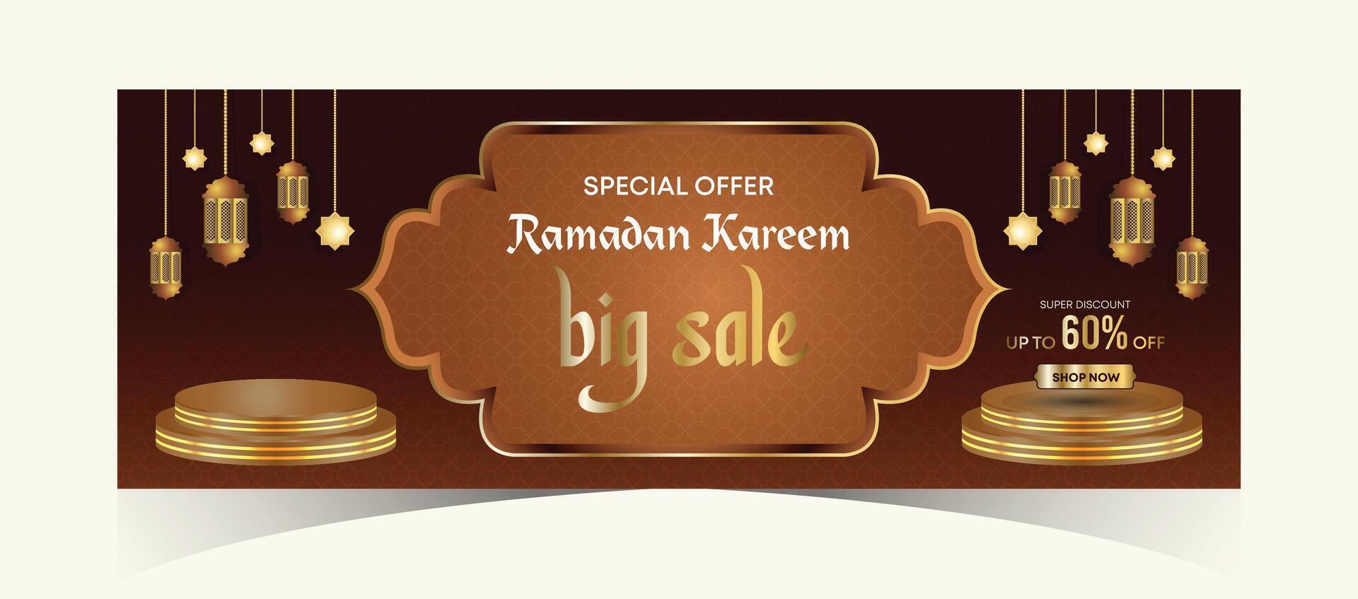 Ramadan Kareem Web Background Super Sale Banner with Podium for Display of product. Ramadan Mega Big Sale Promotion Poster and Social Media Post. Islamic Special Offer Promotion Banner Design Template vector
