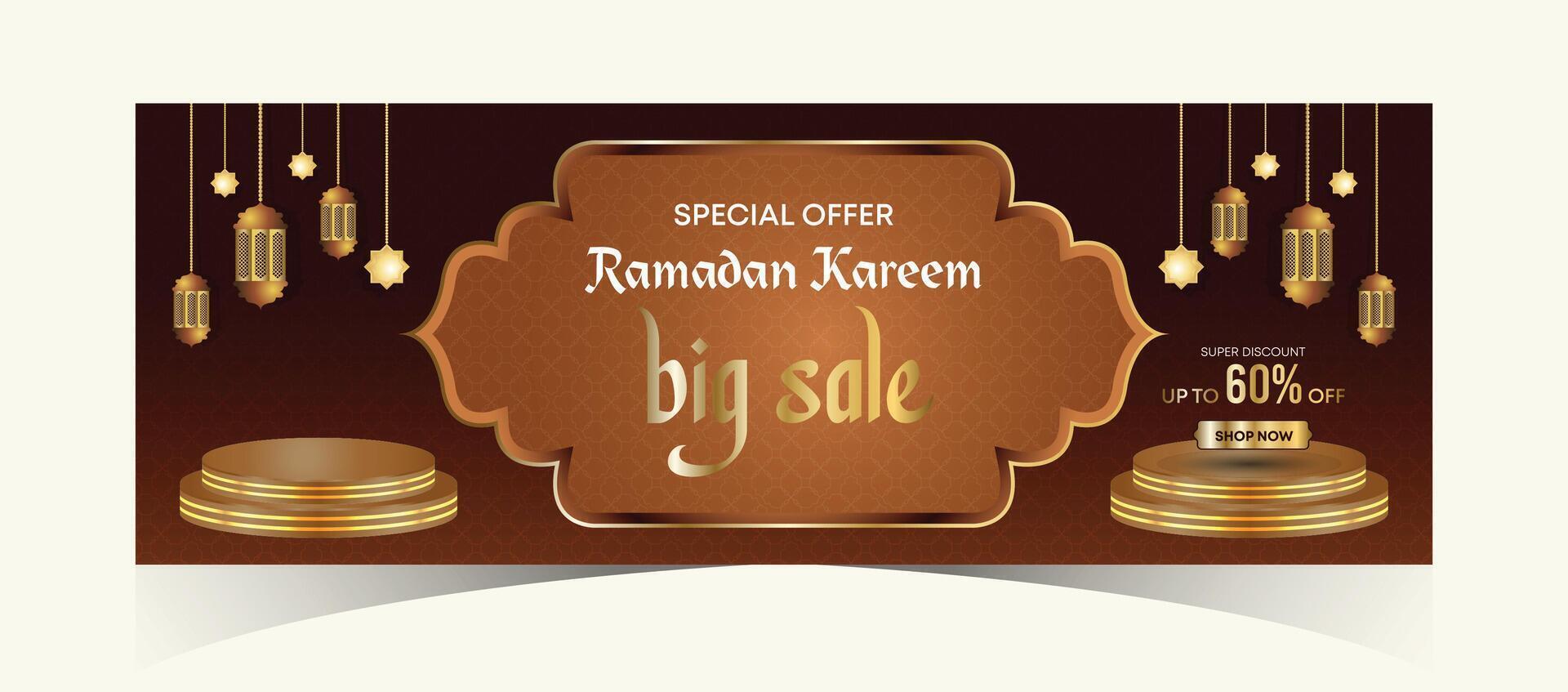 Ramadán kareem web antecedentes súper rebaja bandera con podio para monitor de producto. Ramadán mega grande rebaja promoción póster y social medios de comunicación correo. islámico especial oferta promoción bandera diseño modelo vector