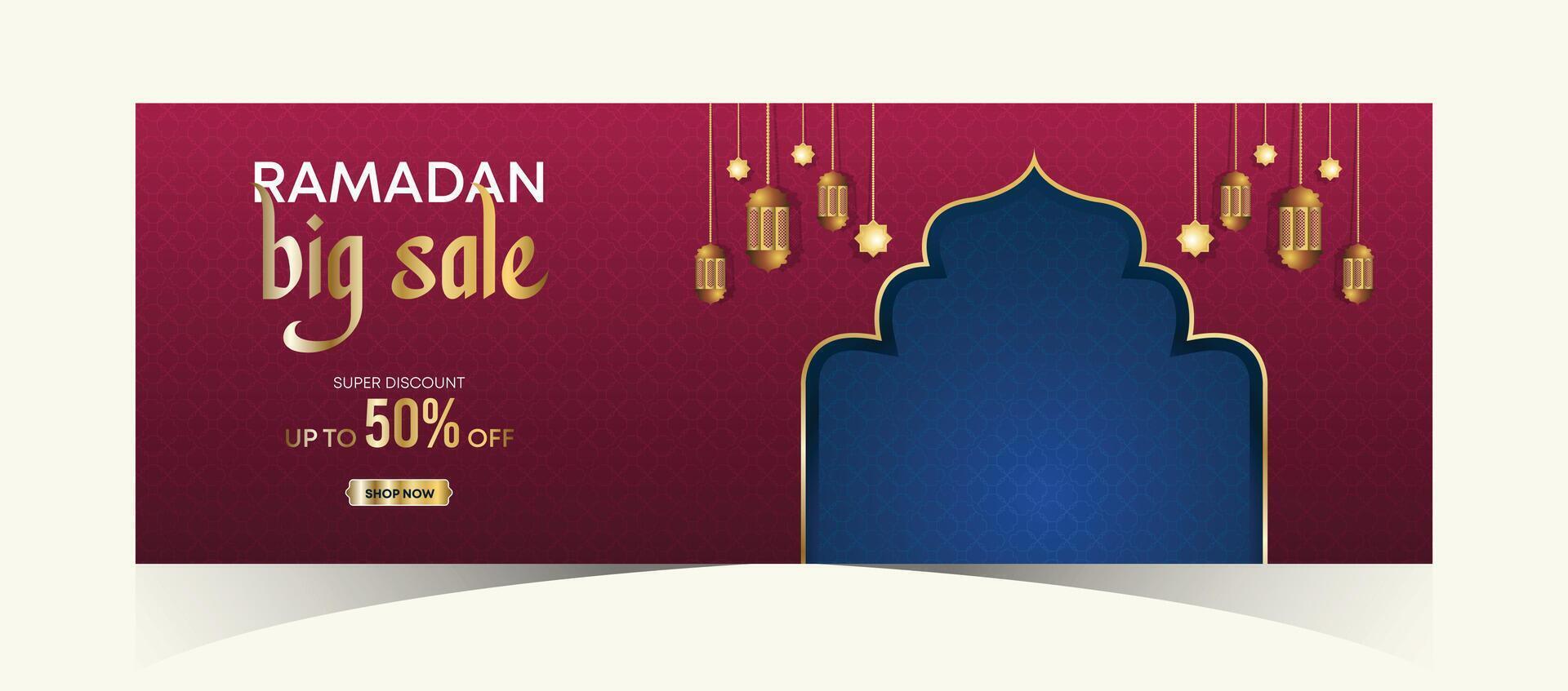 Ramadan Kareem Web Background Super Sale Banner with Podium for Display of product. Ramadan Mega Big Sale Promotion Poster and Social Media Post. Islamic Special Offer Promotion Banner Design Template vector