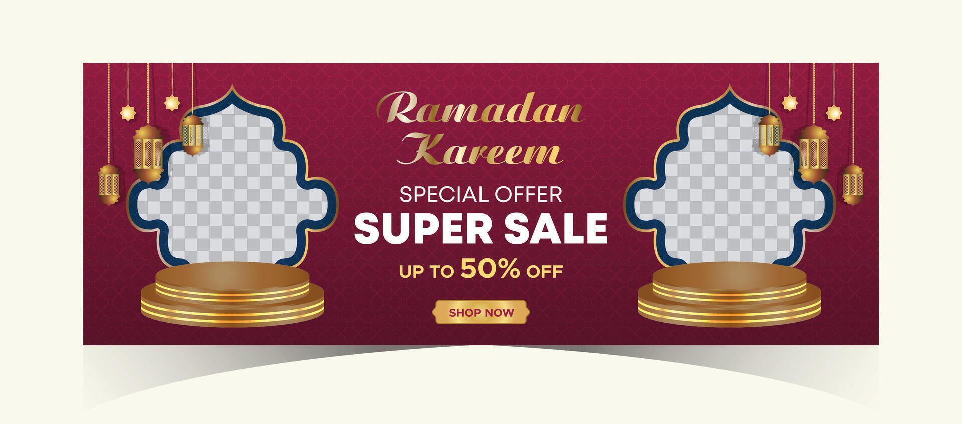 Ramadan Kareem Web Background Super Sale Banner with Podium for Display of product. Ramadan Mega Big Sale Promotion Poster and Social Media Post. Islamic Special Offer Promotion Banner Design Template vector