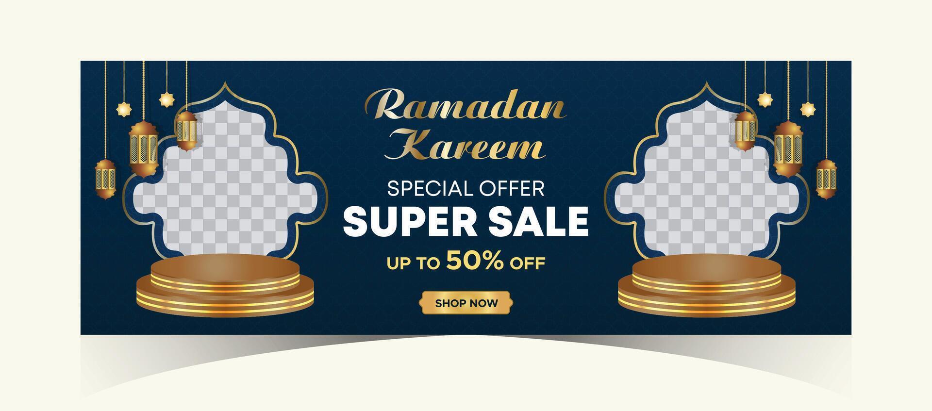 Ramadan Kareem Web Background Super Sale Banner with Podium for Display of product. Ramadan Mega Big Sale Promotion Poster and Social Media Post. Islamic Special Offer Promotion Banner Design Template vector