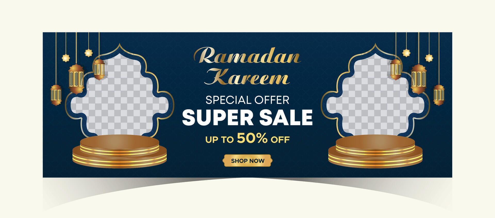 Ramadán kareem web antecedentes súper rebaja bandera con podio para monitor de producto. Ramadán mega grande rebaja promoción póster y social medios de comunicación correo. islámico especial oferta promoción bandera diseño modelo vector