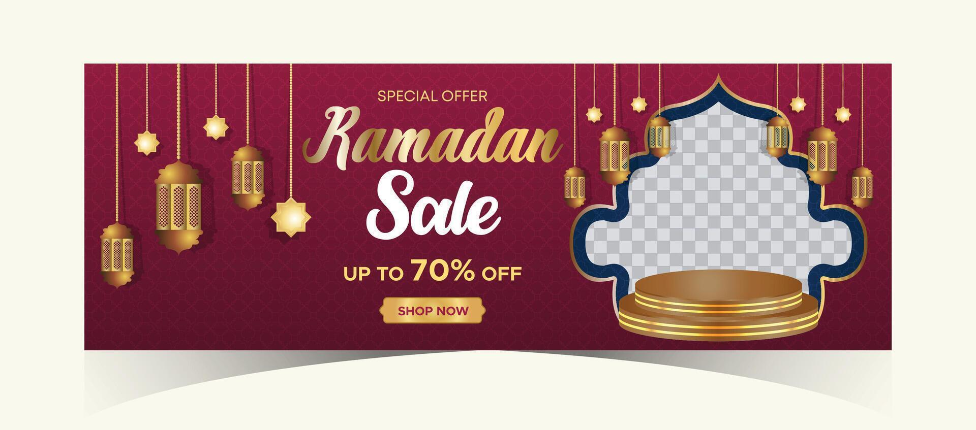Ramadan Kareem Web Background Super Sale Banner with Podium for Display of product. Ramadan Mega Big Sale Promotion Poster and Social Media Post. Islamic Special Offer Promotion Banner Design Template vector