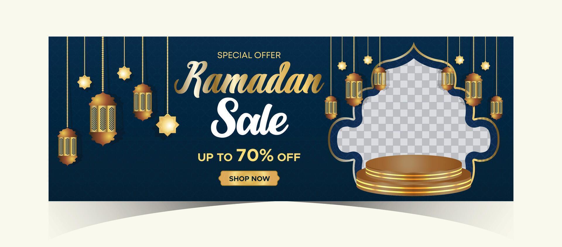 Ramadan Kareem Web Background Super Sale Banner with Podium for Display of product. Ramadan Mega Big Sale Promotion Poster and Social Media Post. Islamic Special Offer Promotion Banner Design Template vector