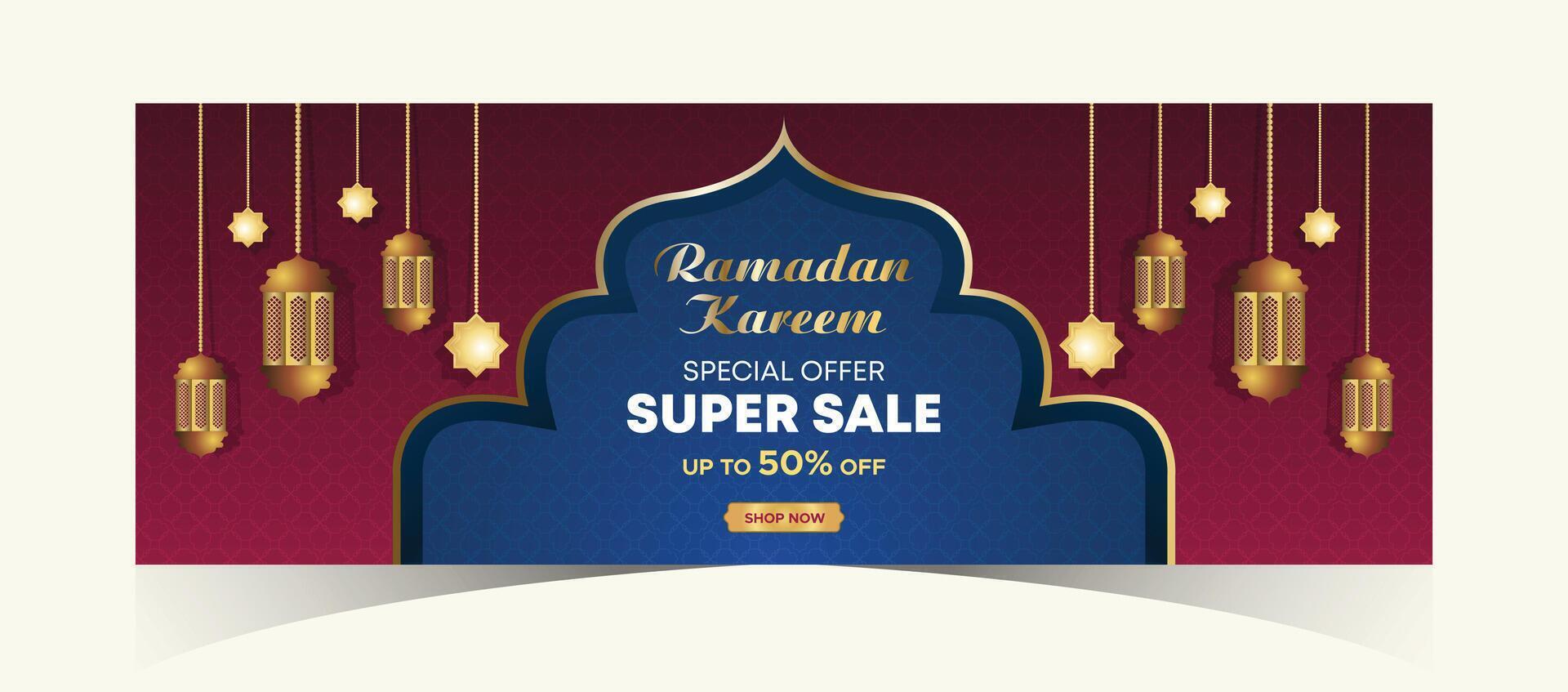 Ramadan Kareem Web Background Super Sale Banner with Podium for Display of product. Ramadan Mega Big Sale Promotion Poster and Social Media Post. Islamic Special Offer Promotion Banner Design Template vector