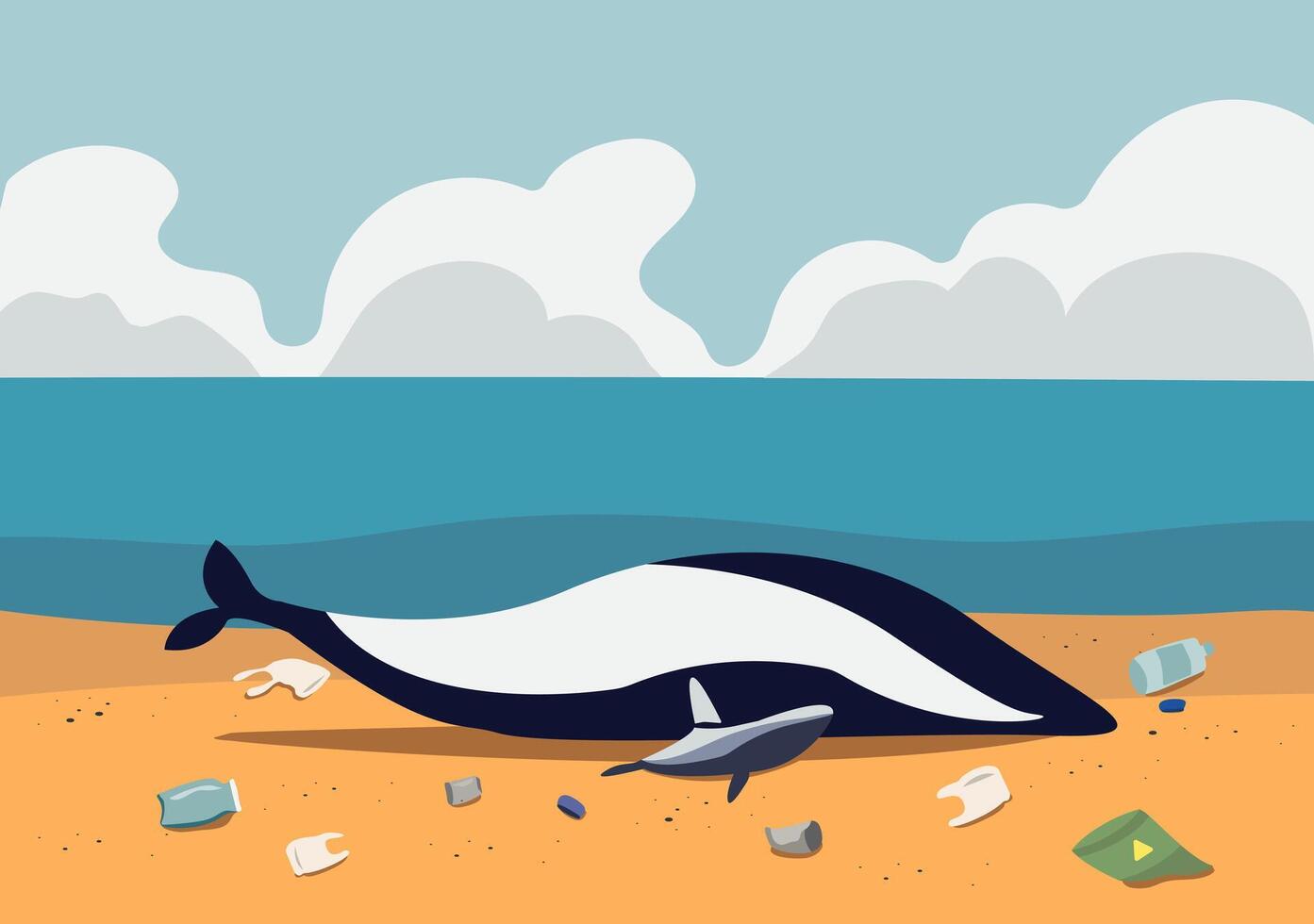 breeding whale with baby carcass stranded on beach by human waste around background vector