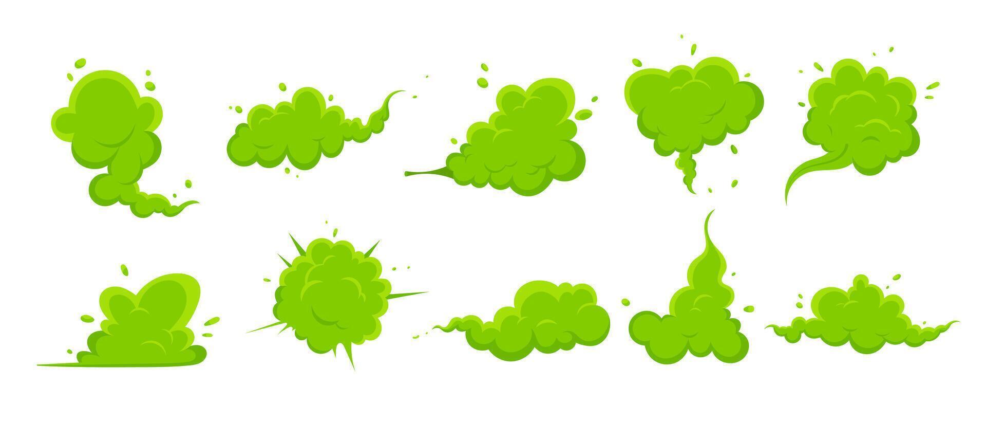 oliendo verde dibujos animados fumar o pedo nubes plano estilo diseño vector ilustración colocar. malo hedor o tóxico aroma dibujos animados fumar nube aislado en blanco antecedentes.