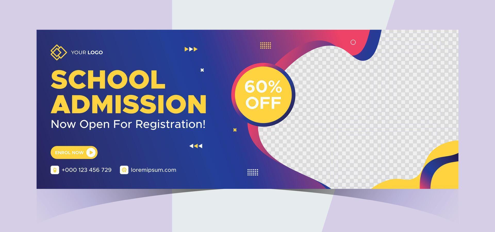 school admission social media photo cover and web banner. Back to school online education web banner template. Kids education e-learning design for post, flyer, brochure, poster, website, header vector