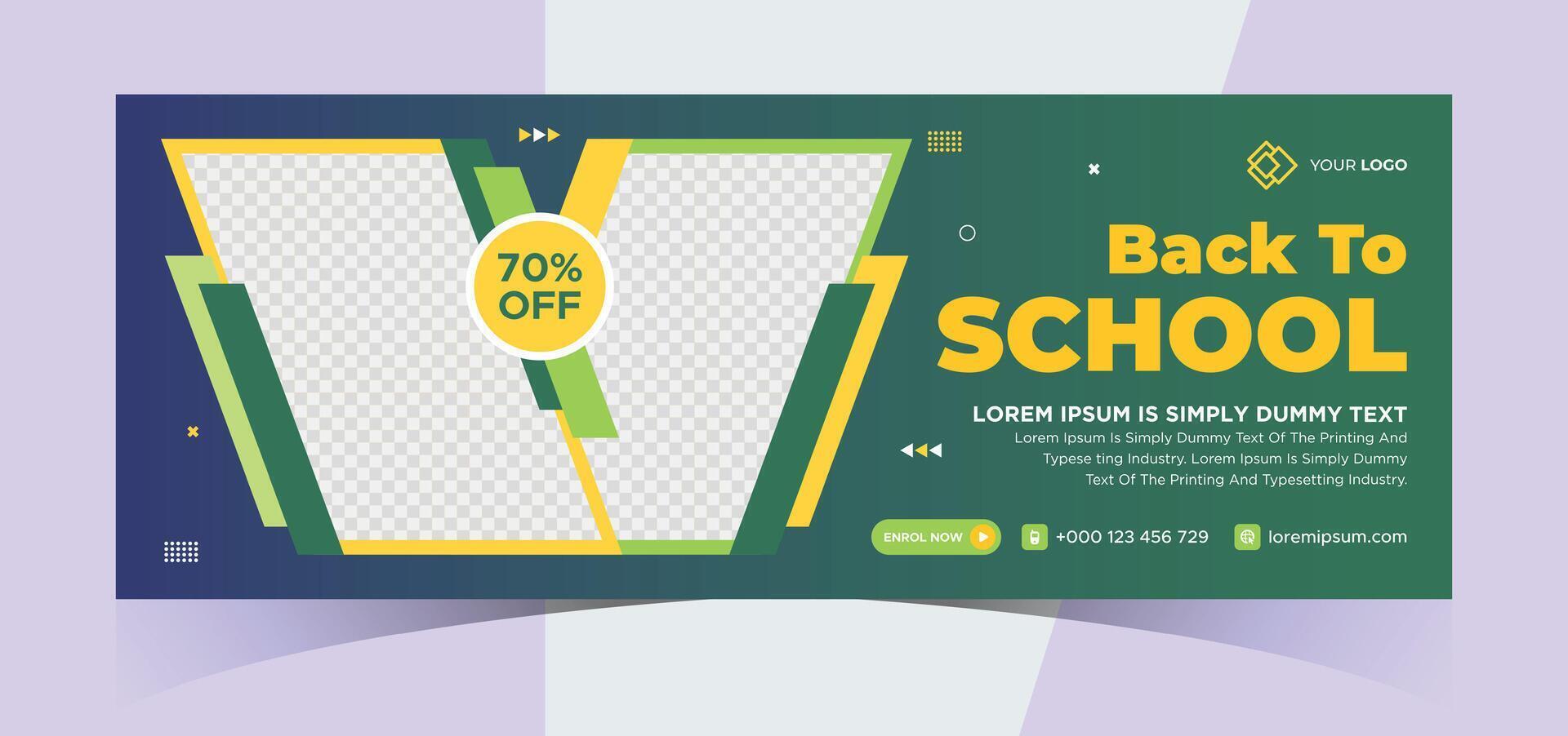 school admission social media photo cover and web banner. Back to school online education web banner template. Kids education e-learning design for post, flyer, brochure, poster, website, header vector