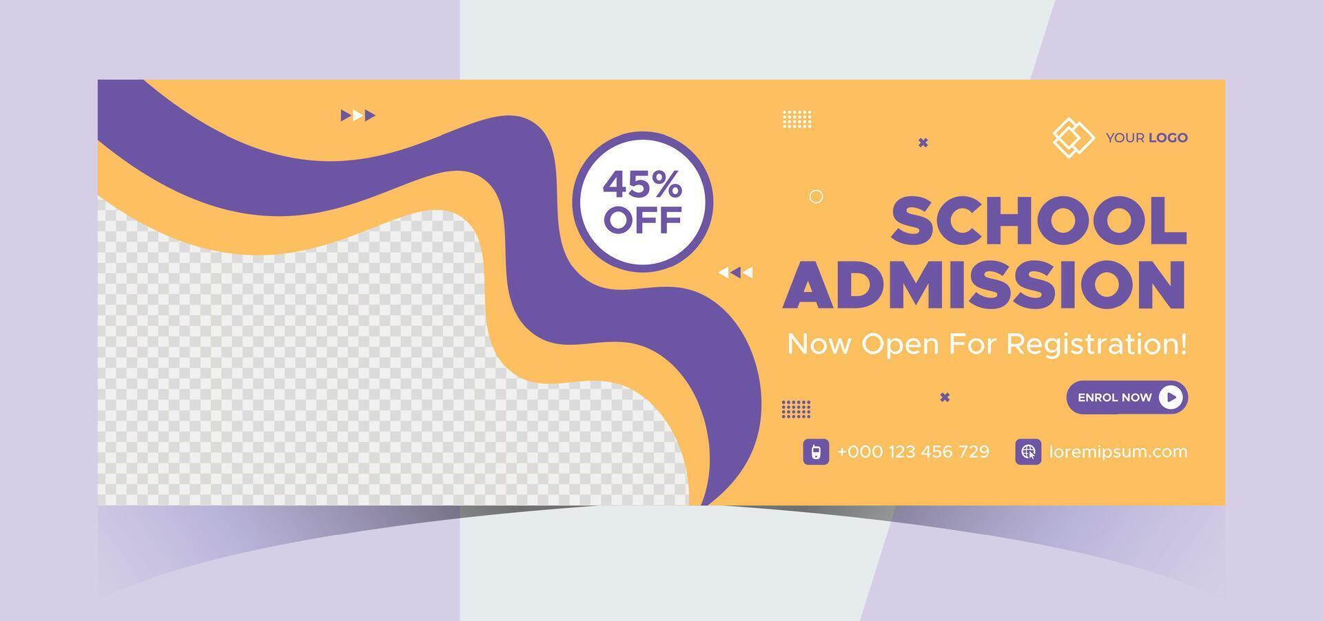 school admission social media photo cover and web banner. Back to school online education web banner template. Kids education e-learning design for post, flyer, brochure, poster, website, header vector