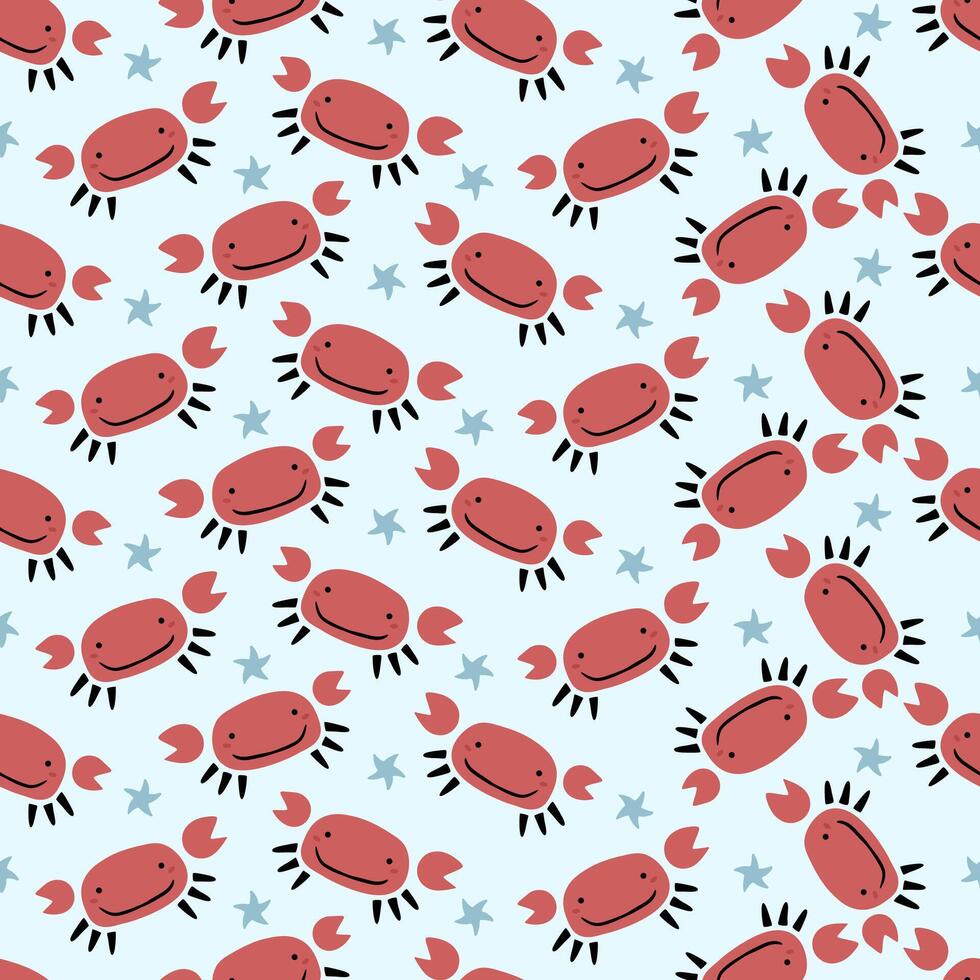 Funny cartoon crabs with starfishes, seamless summer pattern vector