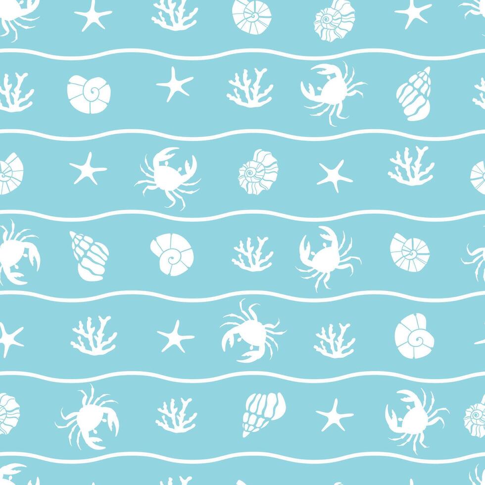 Ocean print with crabs, algae, starfish and shells. Summer seamless pattern vector