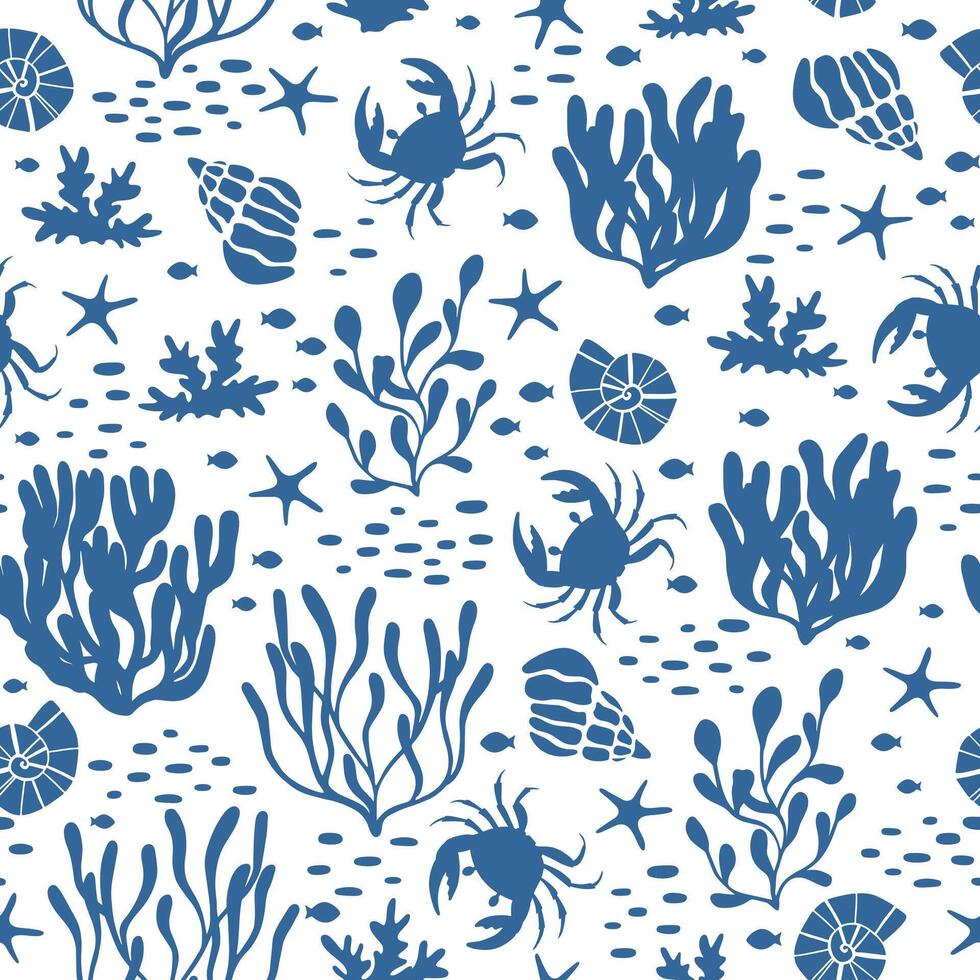 Coral reef drawn seamless pattern. Ocean corals seamless pattern. vector