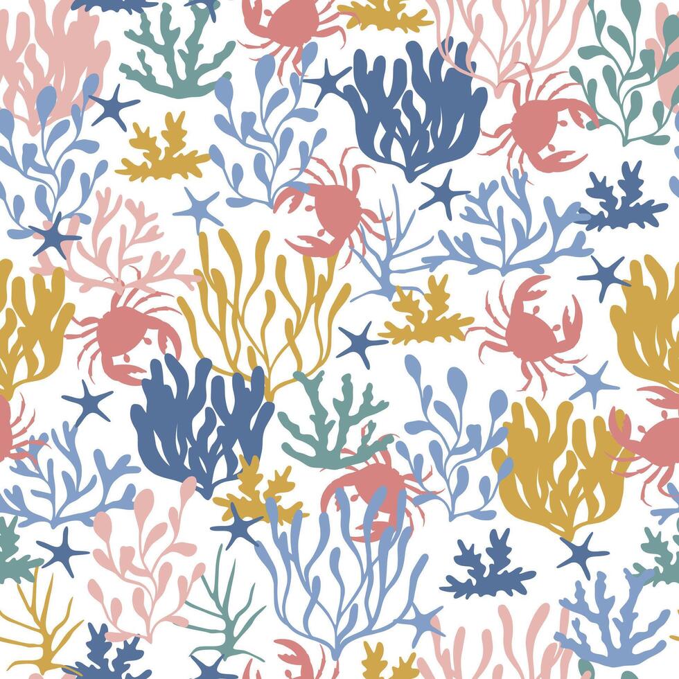 Coral ree, crabs, starfishes and  seaweed seamless pattern. vector