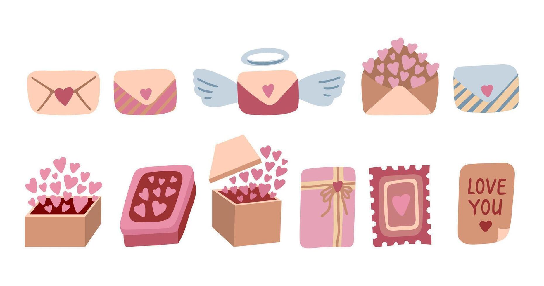 Cute love letters and gift box with hearts. Hand drawn vector illustrations for Valentines Day