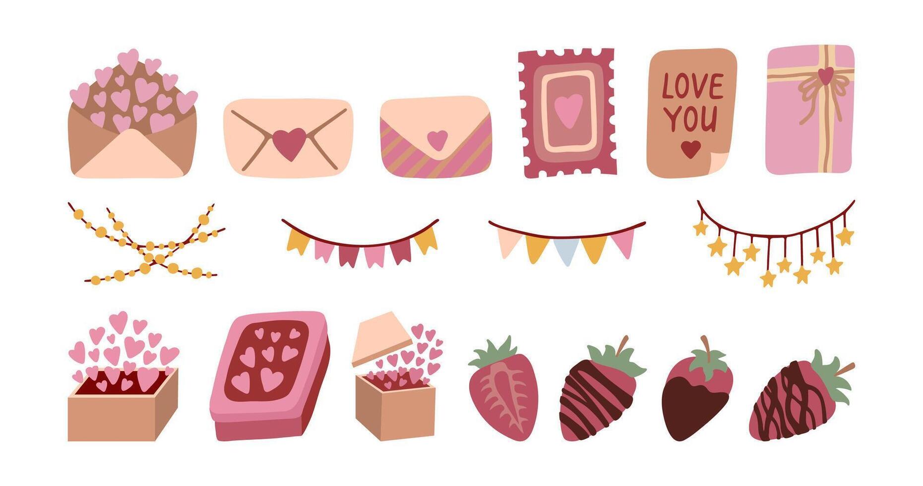 Cute love letters, gift box with hearts, garlands. Hand drawn illustrations for Valentines Day vector