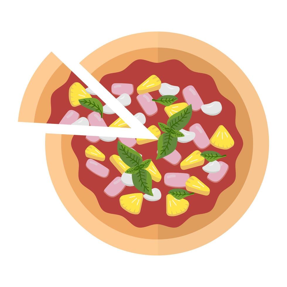 hawaiano Pizza en plano estilo. rebanadas jamón, jamón, albahaca, piña, tomate salsa, queso Mozzarella. parte superior ver italiano Pizza. vector conjunto para culinario libro, pizzería menú.
