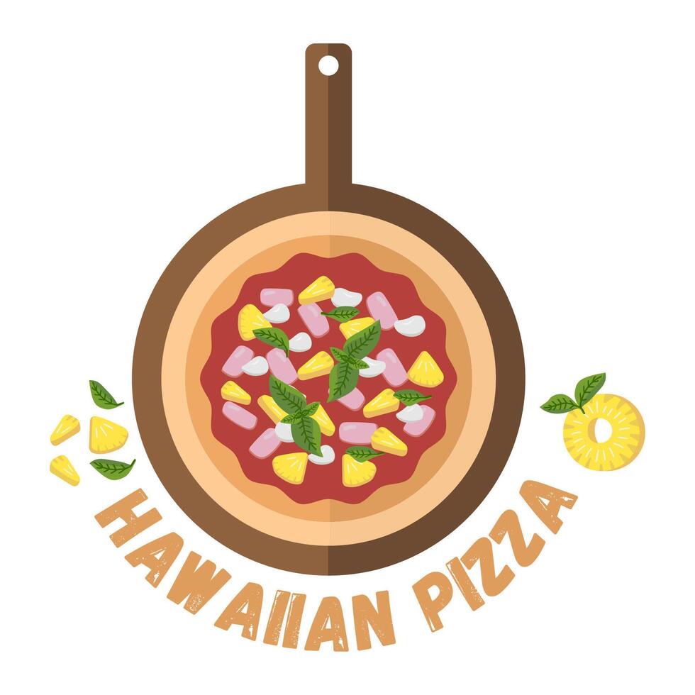 Hawaiian pizza in flat style. Slices prosciutto, ham, basil, pineapple, tomato sauce, mozzarella. Top view Italian pizza. Vector set for culinary book, pizzeria menu.