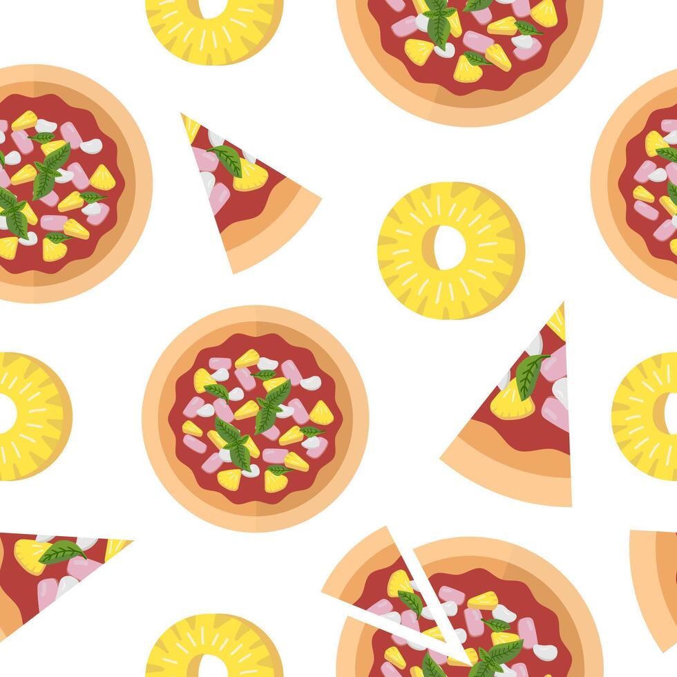 Hawaiian pizza seamless pattern in flat style. Slices prosciutto, ham, basil, pineapple, tomato sauce, mozzarella. Top view Italian pizza. Vector set for culinary book, pizzeria menu.