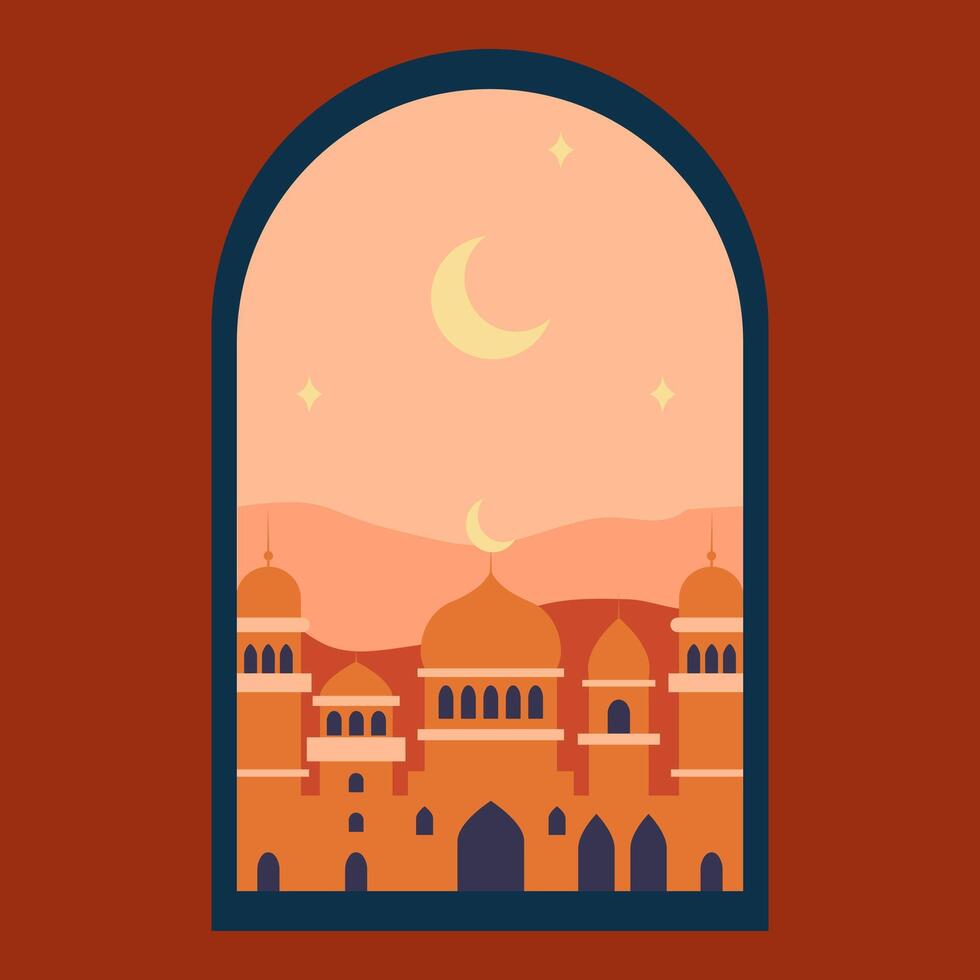 Islamic window with moon, mosque dome and stars. Desert landscape in oriental style, Ramadan month, modern boho design. vector