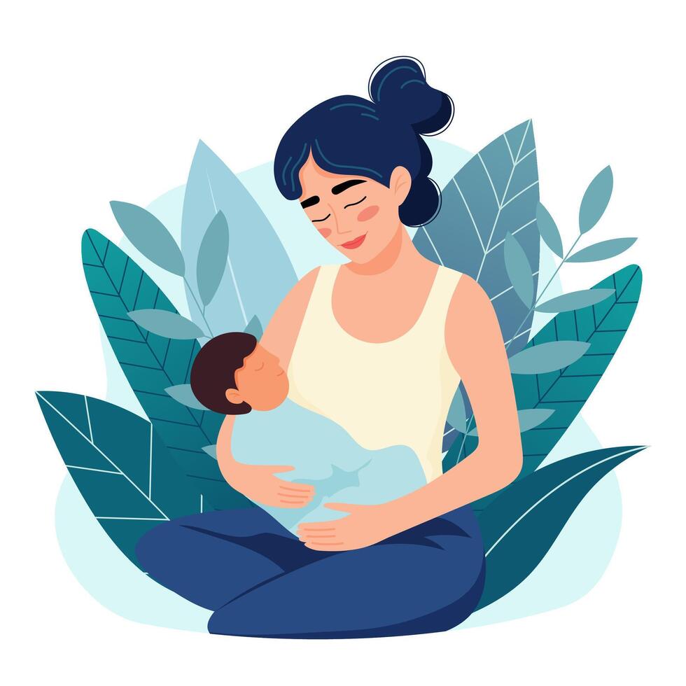 Woman holds newborn baby. Concept of maternity, motherhood, Mothers Day. Hand drawn vector illustration in cartoon style