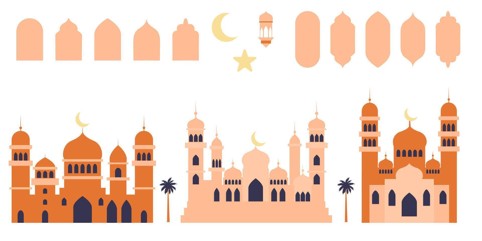 Set of Islamic religion design elements as windows and arches, mosque, stars, moon, lantern. Modern flat clipart for template, banners, flyers. vector