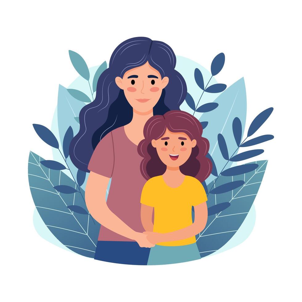 Mother and daughter hugging and smiling. Concept of happy maternity, Mothers Day, International Womens Day. Hand drawn vector illustration in cartoon style