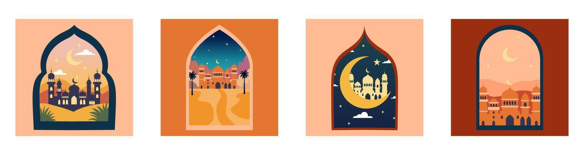 conjunto de islámico ventana y arcos con luna, mezquita Hazme y estrellas. Desierto paisaje en oriental estilo, Ramadán mes, moderno boho diseño vector