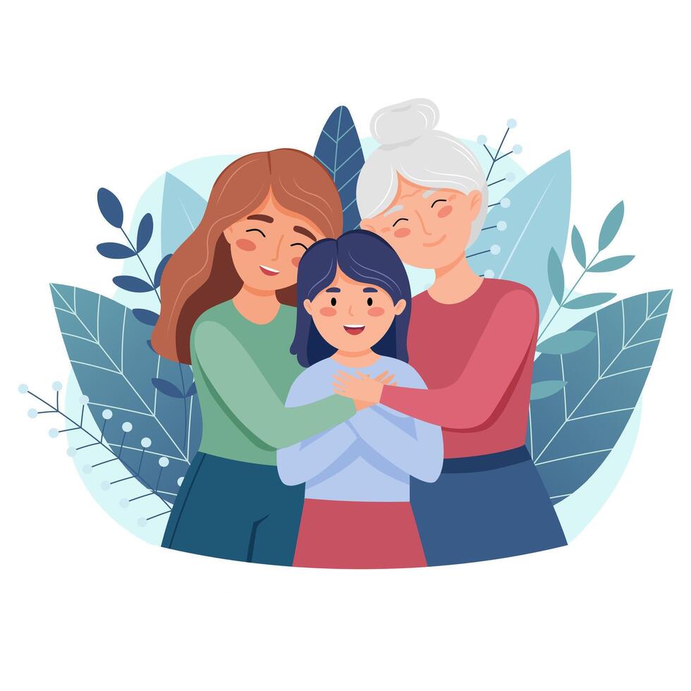 Grandmother, mother and daughter hugging and smiling. Concept of Women Day 8 March, Mothers Day. Hand drawn vector illustration isolated on white background
