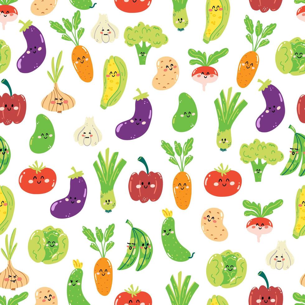 mano dibujado sin costura modelo con linda kawaii verduras en blanco antecedentes. vistoso fondo de pantalla con vegetales para imprimir, envase papel, textil vector