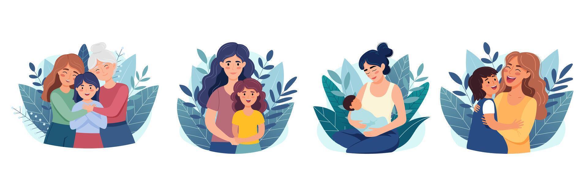 Set of illustration for Mothers Day, concept of happy motherhood, women with kids. Colorful vector illustrations in cartoon flat style